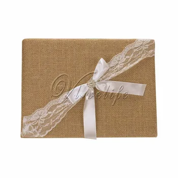 

Rustic Burlap Wedding Guest Book With Lace Bow Rhinestone Buckle for Birthday Party Reception Wedding Decor 25x16cm Home Decor