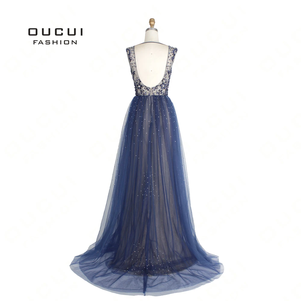 Hard Beading Navy Blue With Train Evening Dress Long Diamond Crystal Tulle Formal Abiye Vestido De Noche Real Photo OL103090 Hard Beading Navy Blue With Train Evening Dress Long Diamond Crystal Tulle Formal Abiye Vestido De Noche Real Photo OL103090