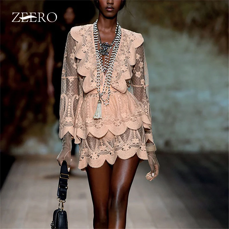 

High-end Custom Runway Lace Dress Elegant Women Sexy V Neck Flare Sleeve Hollow Out Ruffles Pacthwork Mini Party Dresses Vestido