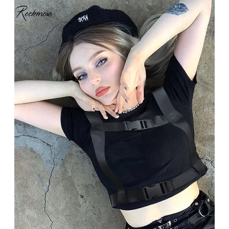 

Rockmore Black Cotton Punk Style Gothic T-shirt Women Buckle Casual Fashion Basic T Shirts Female Streetwear Tops Tees Summer