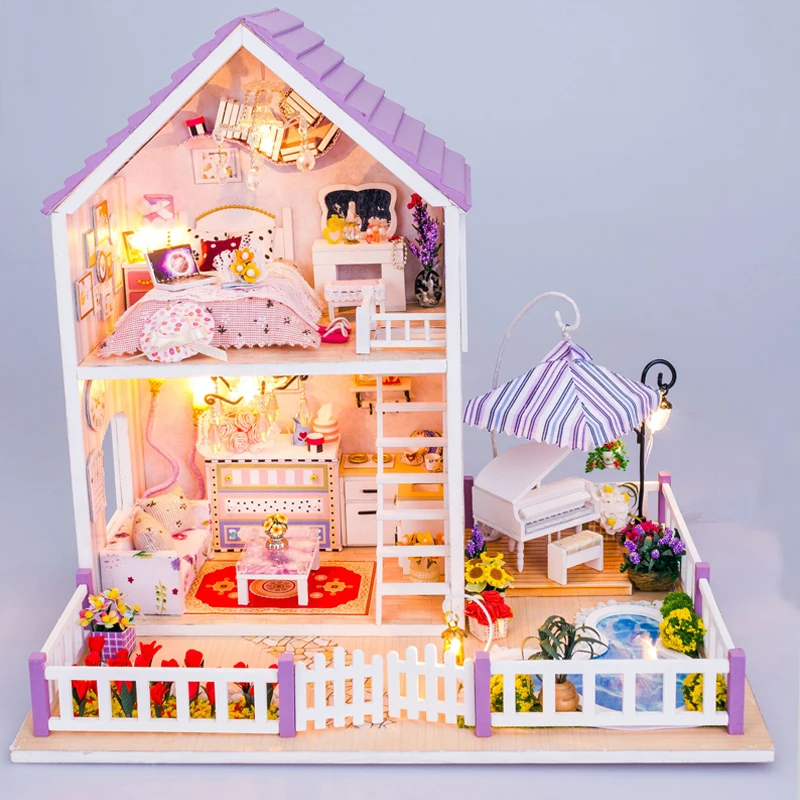 

DIY Doll House Villa Model With Furniture LED Light Miniature Wooden Dollhouse Romantic Purple Handmade Toys Gift 13834 #E
