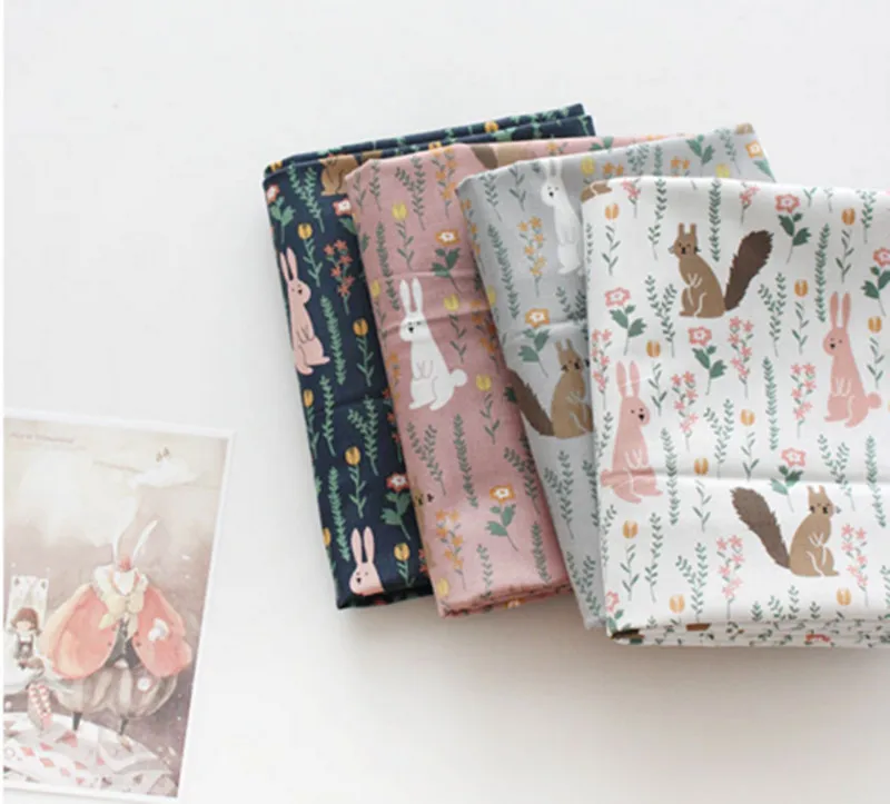 

half yard import plain cotton fabric with rabbit flower print handmade DIY bag garment dress children cloth 100% cotton A854