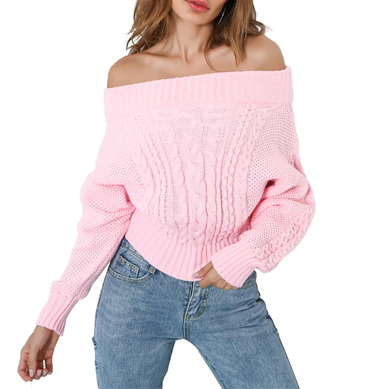 Pink Blue Slash Neck Sweaters Pullovers 2018 Autumn Winter Long Puff ...