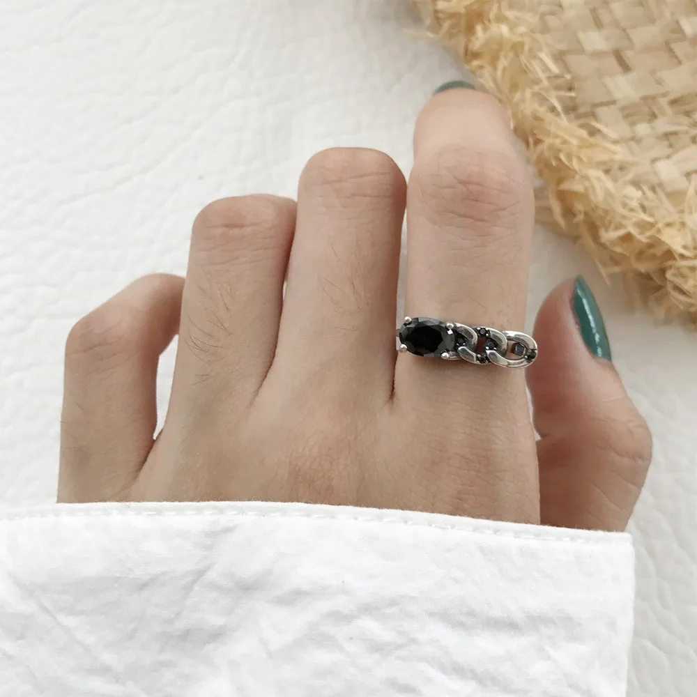 

1pc Authentic S925 Sterling Silver Fine Jewelry Roped Twisted Black Agate chain rings Open adjust J419