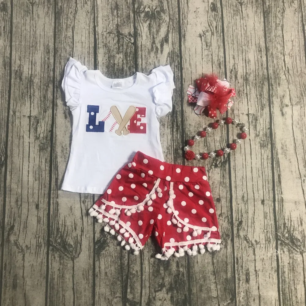 

new baseball season design girls kids Love summer shorts outfits polka dot clothes with matching necklace and headband pom-pom