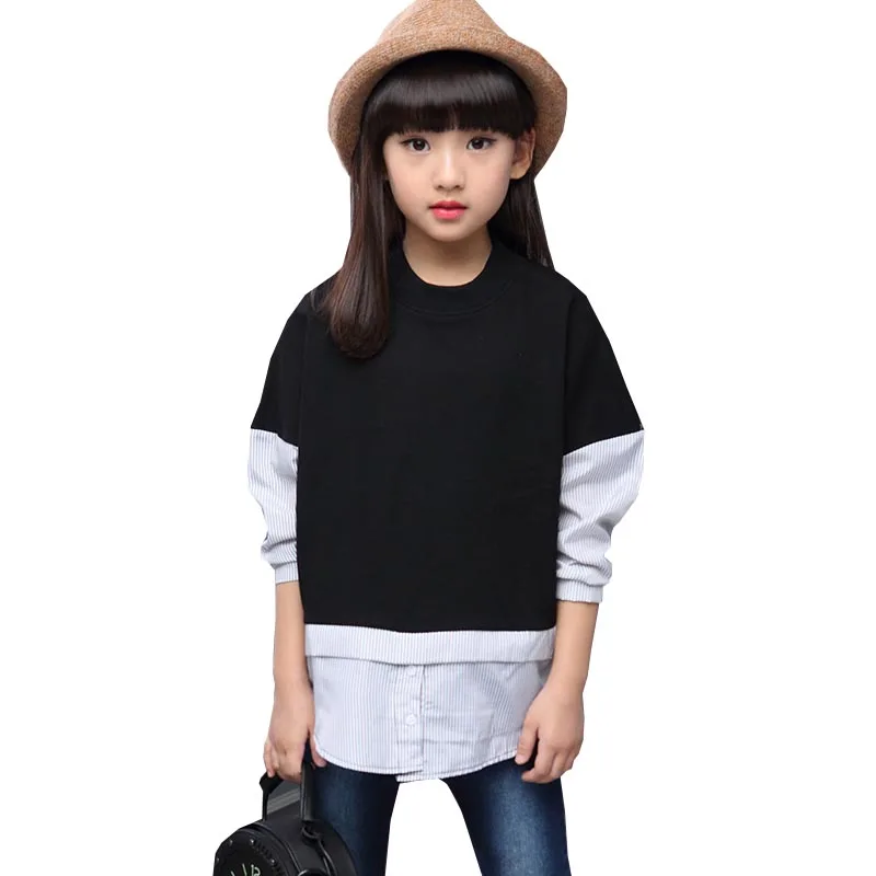 Г. Осенние детские свитшоты для девочек от 4 до 15 лет, черно-белые детские вязаные толстовки с капюшоном для девочек футболка с длинными рукавами в стиле пэчворк для девочек - Цвет: Black