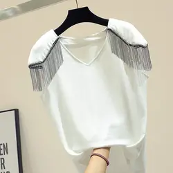 НОВАЯ Трикотажная футболка с v-образным вырезом и кисточками для женщин High Street Платье-джемпер Рубашки женские универсальные базовые Топы