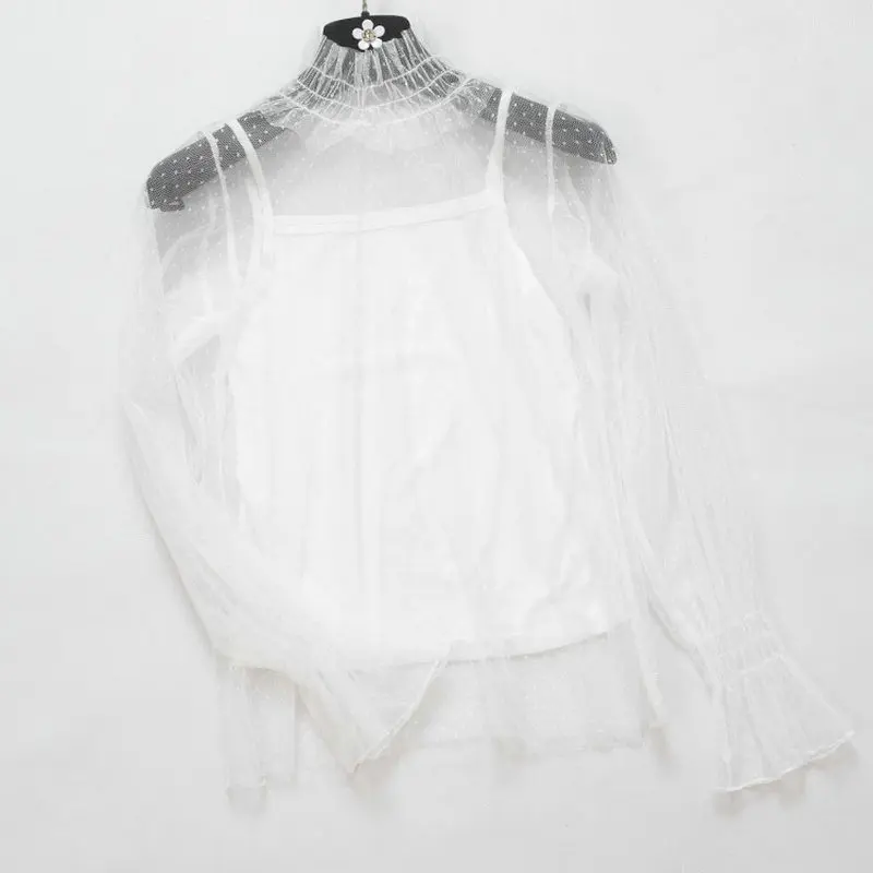 

Women Summer Flare Sleeve Embroidery Polka Dot Lace Voile Basic Ruffles Shirt Vintage Slim Mesh Gauze Pullover Tulle Blouse Tops