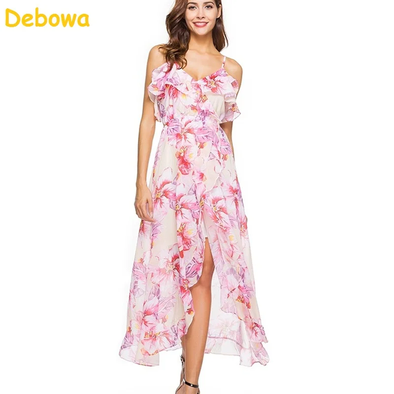 Debowa 2018 New Spring Summer Dress Women Slip V-neck Long Chiffon Split Bohemian Sweet R Beach | Женская одежда
