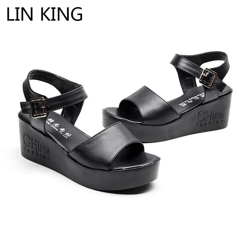 

LIN KING Big Size Punk Black Women Sandals High Heel Wedge Summer Shoes Buckle Ladies Height Increase Mother Beach Sandals Shoes