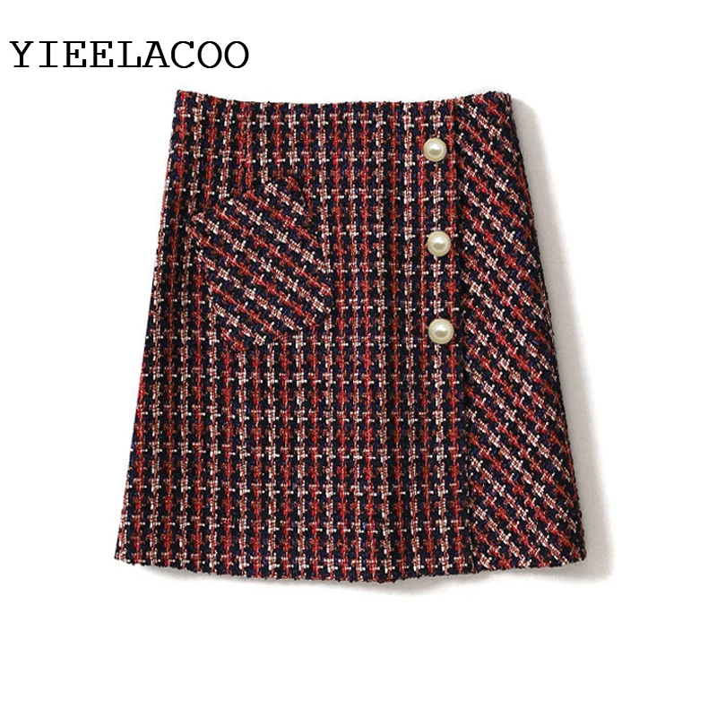 

Red plaid tweed skirt 2019 spring / autumn women's skirts ladies high waist slim wild bag hip A-Line skirt