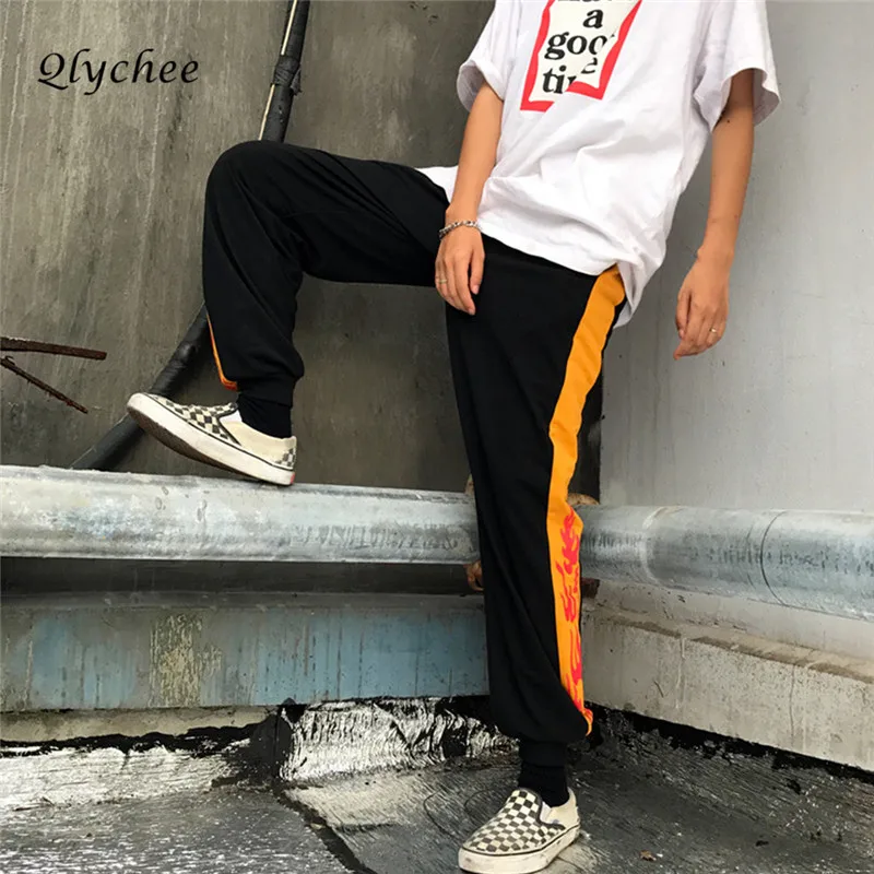 Qlychee Fire Print Casual Bottom Pants Capris Women Side