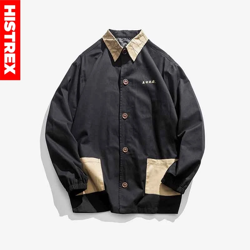 HISTREX ветровка мужская длинная часть печати личности рубашка осень ретро Японский китайский стиль куртка прилива HT5TS1 - Цвет: Черный