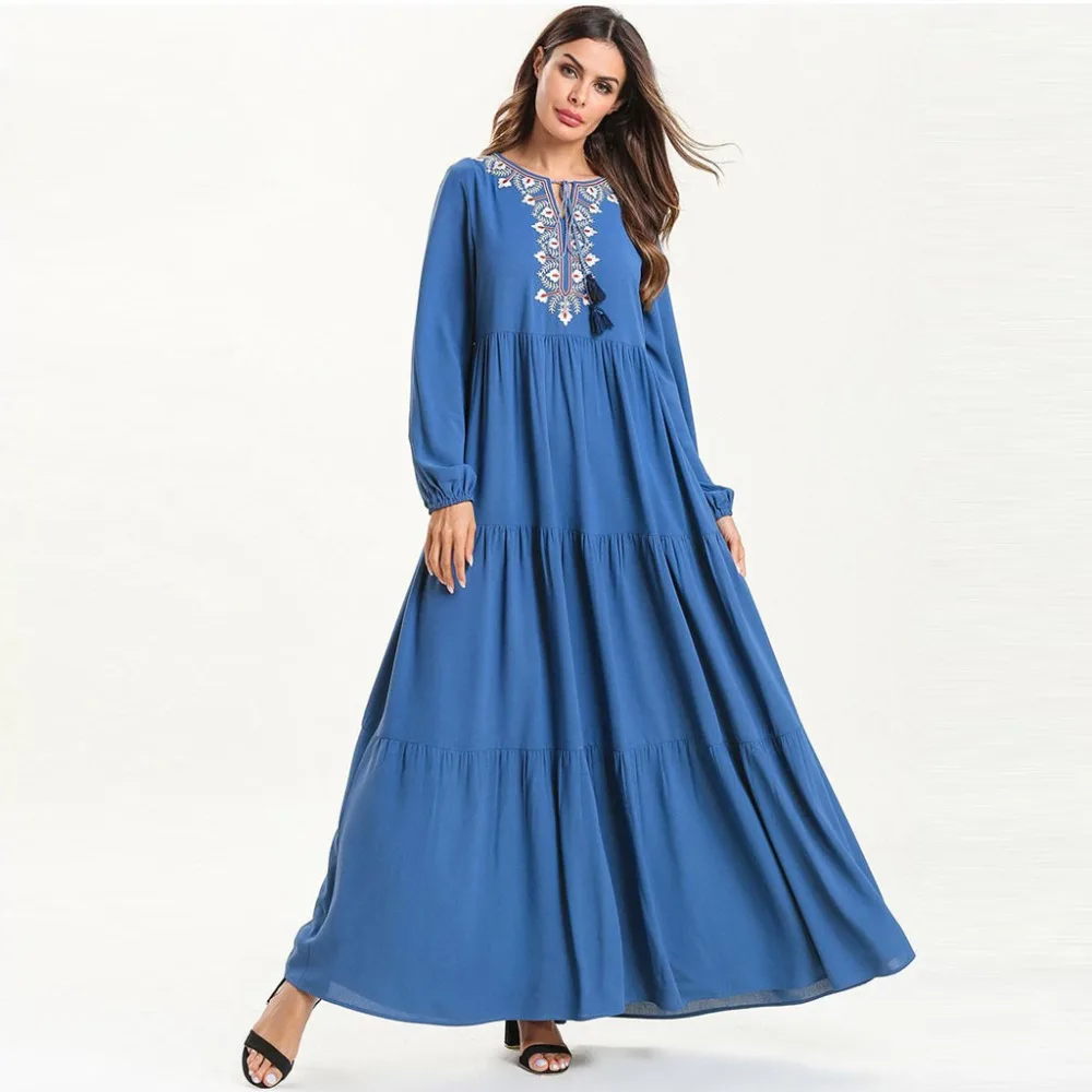 Женское платье макси с оборками Abaya Qatar длинное плиссированное вышивкой в