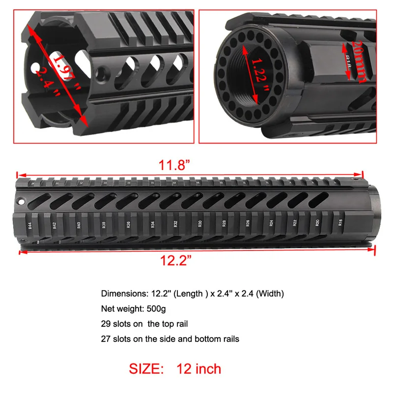 12 inch AR .2235.56 Free Float Quad Handguard Rail Tube AR-15 M16 M4 Handguard RAS 1-18-12in-7