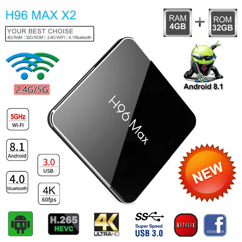 

H96 Max x2 S905X2 TV Box Android 8.1 Quad Core 2.4G/5.0GHz 4GB 32GB H.265 4K USB 3.0 100M LAN Bluetooth 4K Set top box H96 Max