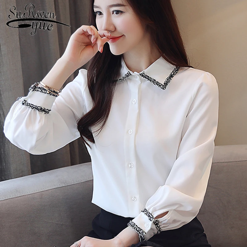 Blusas mujer de moda осень 2018 г. модные женские туфли блузка белая рубашка отложным воротником Длинные рукава для женщин топ шифоновая рубашка 1531 45