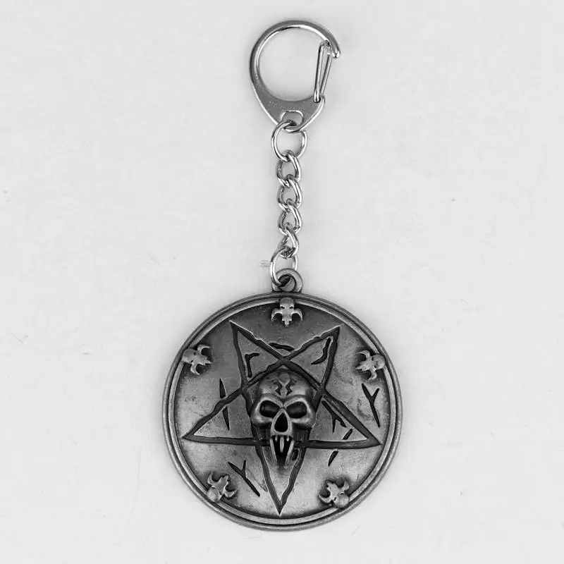 

2019 New Online Game Heroes of Newerth HON Skull and Pentagram Logo Round Keychain Silver Plated Keyring Accessories for Fans
