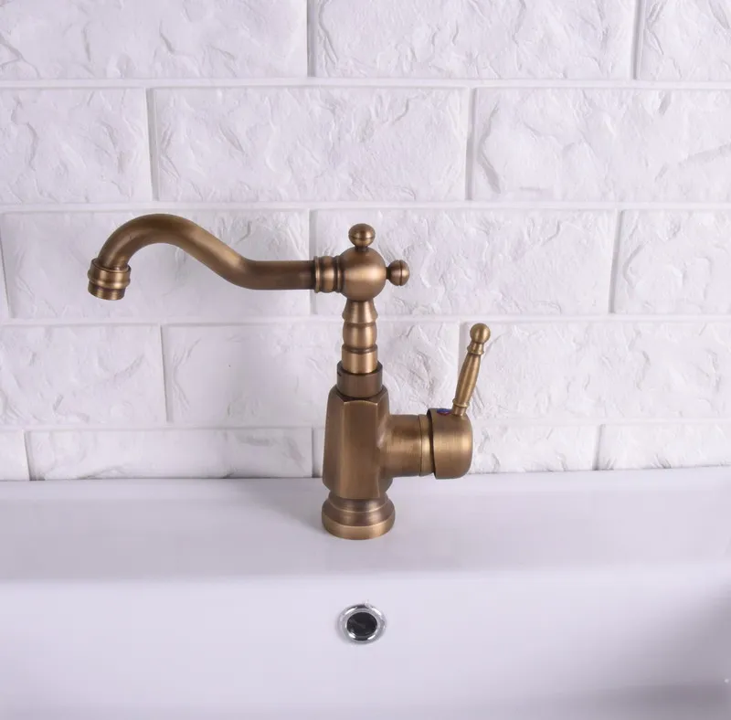 Vintage Antique Brass Single Lever Handle Swivel Spout Bathroom Basin Kitchen Sink Faucet Cold & Hot Mixer Tap asf122