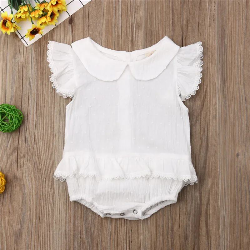

Newborn Baby Girls Bodysuits Lace Flying Sleeves Peter pan Collar Sunsuit Lovely Baby Girl Cotton Clothes Solid Bodysuits 0-18M