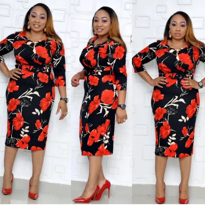 

2019 new fashion elegant Printed Middle Sleeves office women dress Size XL~3xl African Dresses for women