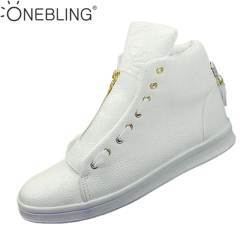 

Discounts PU Leather Shoes Fashion High Top Skull Gold Zipper Design Men Shoes Breathable Casual Flat Shoes Black White