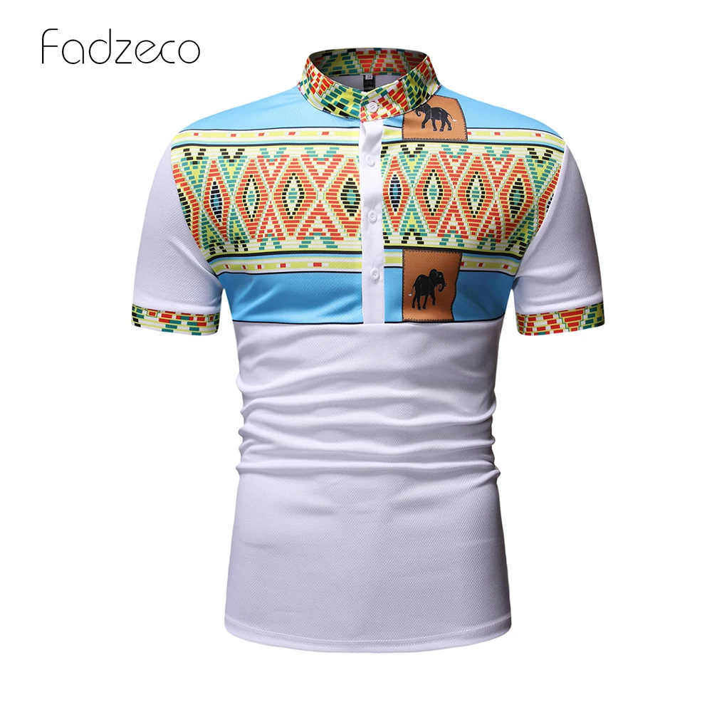 Fadzeco 2019 рубашка в африканском стиле для мужчин слон узор контрастные цвета футболка воротник Генриха модные повседневные мужские топы