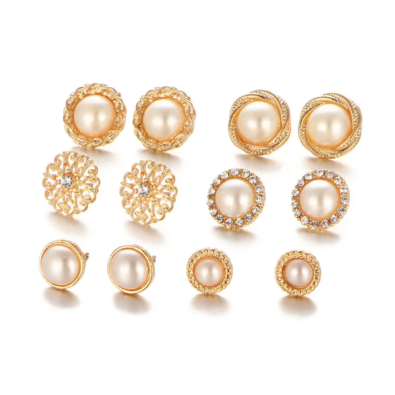 

6 Pairs/Set Gold Color Flower Hollow Trendy Stud Earring Vintage Crystal Simulated Pearl Earrings Set For Women Wedding Jewelry