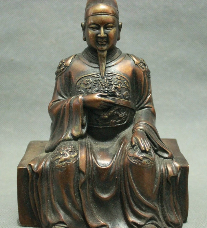 Folk China Bronze Dragon Head Sitting Wen Chang Emperor Kaiser Statue Sculpture 8.06 | Дом и сад