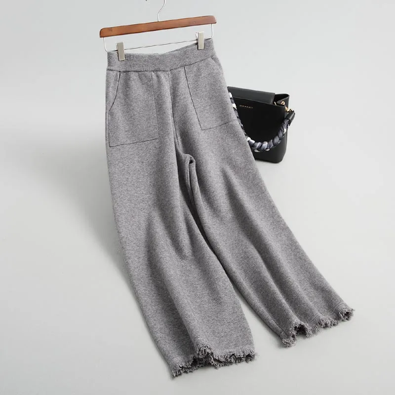 

J089 Korean Fashion High Quality Bottom Tassels Deco Double Pockets Sweater Pants Ladies Winter Warm Knitted Wide Leg Trousers