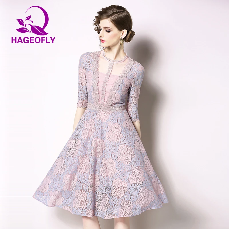 

Summer New Slim Pink Lace Dress 2019 Elegant Half Sleeve V-neck Office Ladies Straight Plus Size Women Dress Clothes Vestidos