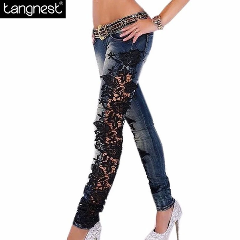 

TANGNEST Sexy Hollow Out Lace Skinny Jeans 2017 Fashion Women Oversized Flower Hook Pencil Pants Oversized Denim Trousers WKN470