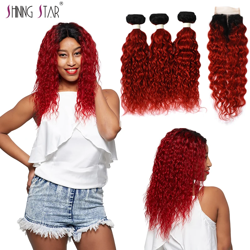 

Shining Star 3 Ombre Bundles With Closure Human Hair Weave Brazilian 1B Red Colored Water Wave Bundles With Closure 99J Non Remy