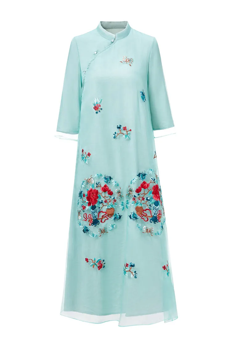 Платье из органзы с вышивкой весна лето Vestido женское платье Qipao стиль 3/4 рукав до середины икры винтажное китайское платье синий XXL