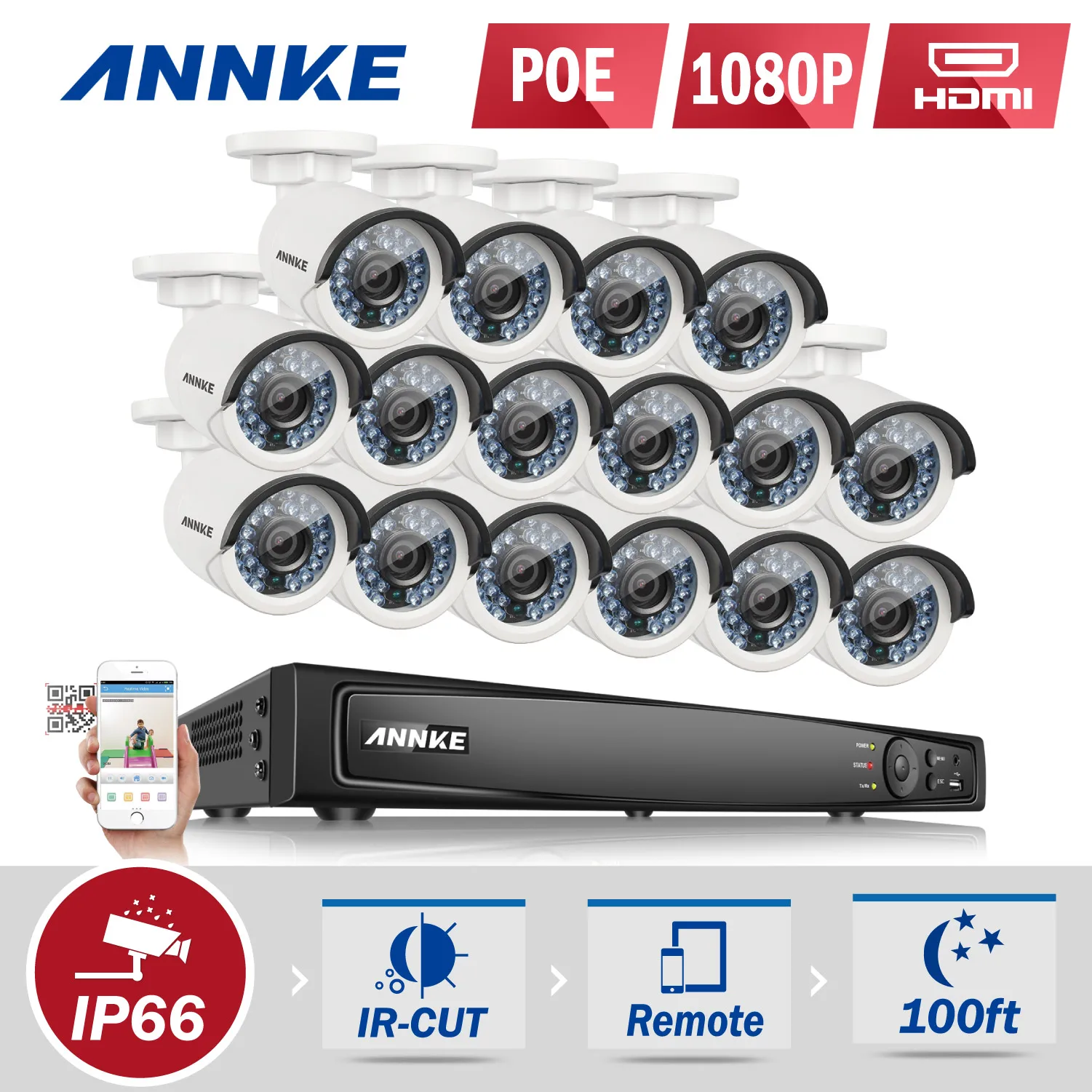 

ANNKE 16CH 1080P Ture POE Security Camera System And 16pcs 2.0MP IP66 Weatherproof Metal IP Cameras IR Night Vision CCTV Kit