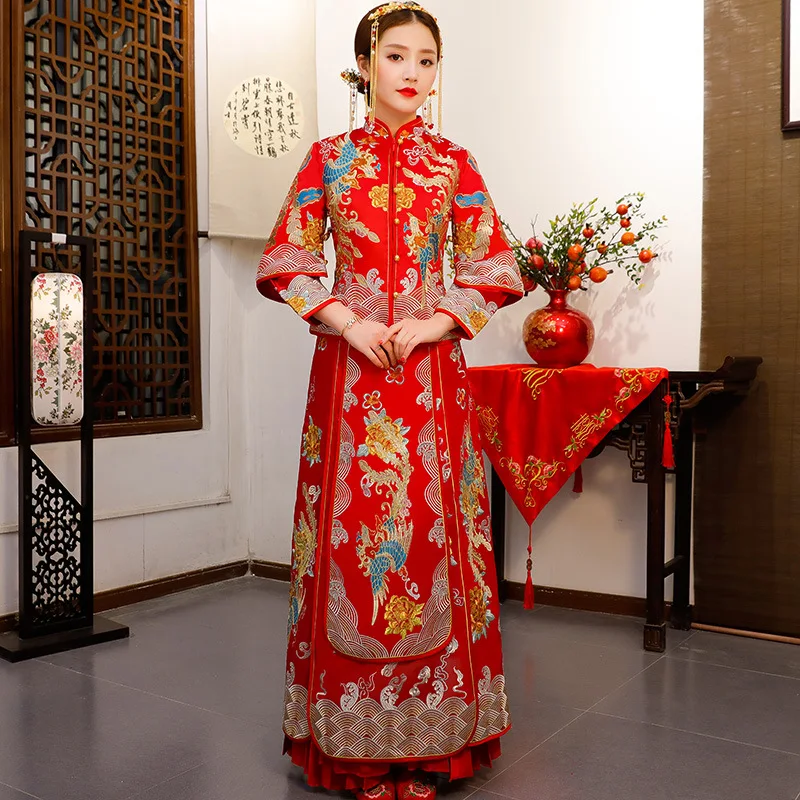 Vintage red Embroidery Cheongsam Modern Traditional Chinese style Wedding Dress Oriental Women's Long Qipao Vestidos Size S-XXXL
