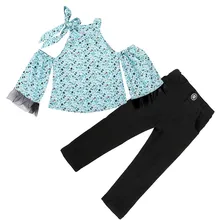 Peridemes/комплект одежды для девочек, синие цветочные набивные плечевые костюмы для детей, топы+ эластичный комплект одежды с брюками