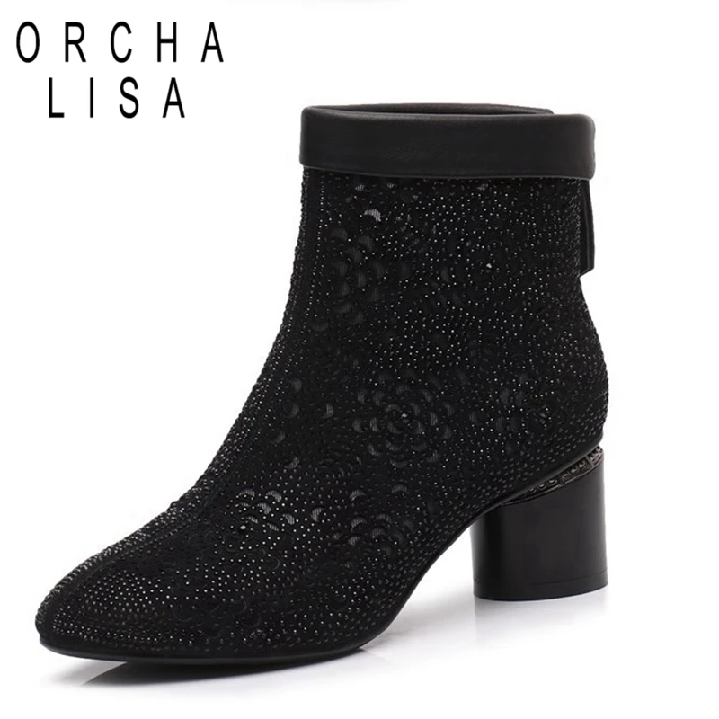 

ORCHA LISA elegant Spring summer embroider ankle Boots women laides Shoes cut out bling round heel Zipper black