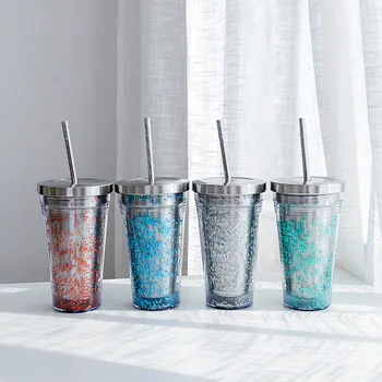 

Korean Fashion Sequins Stainless Steel Thermos Cup double Insulated Glass Straw Office Men And Women Lovers Cup