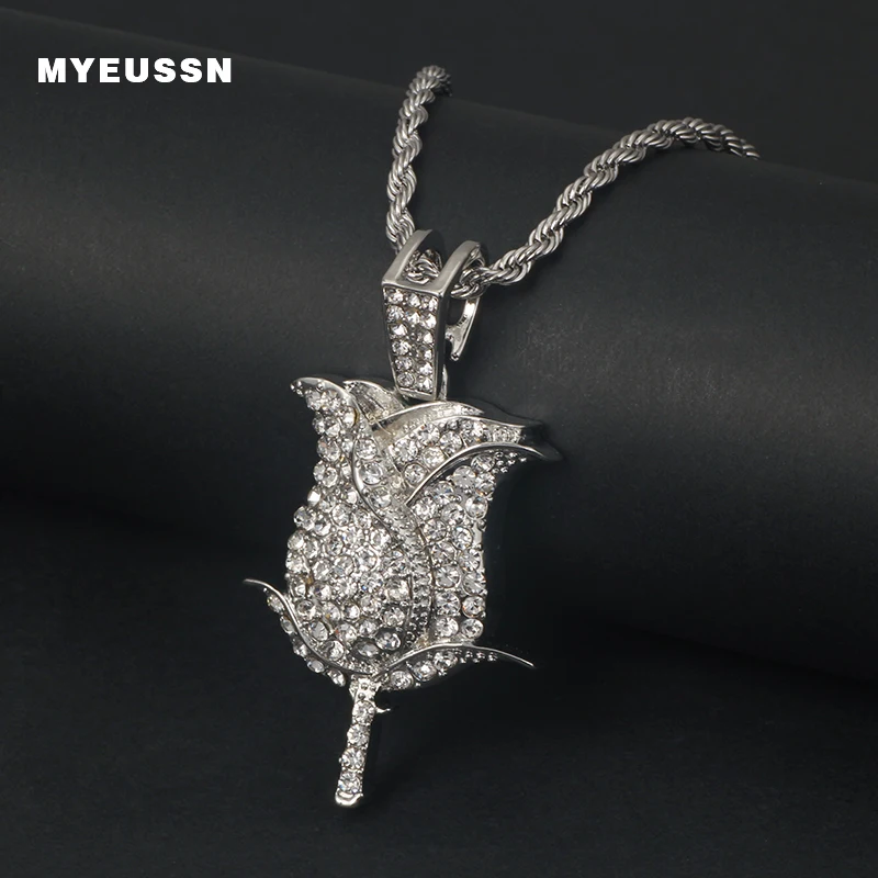 

Fashion Shining Rose Flower Pendant Necklace Men Gold & Silver Color With Free Tennis Chain Plant Necklace Gift Hip Hop Jewelry