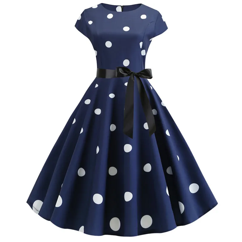 

Blue Retro Summer Dress 2019 O-neck Casual White Dot Robes Vintage 50s 60s Rockabilly Swing Pinup Vestido Holiday Party Dresses