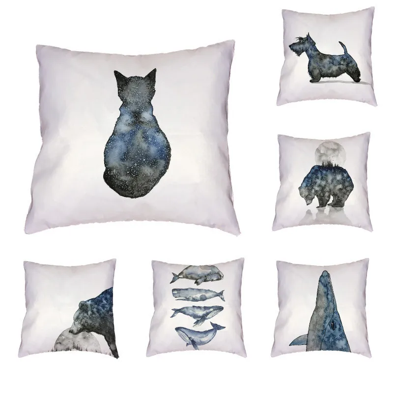 

Cozy Animal Pattern Cushion Cover Polyester Peach Skin Cat Dog Deer Bear Whale Rhino Starry Background Style Pillow Decoration