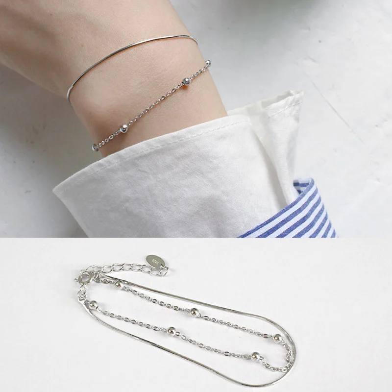 F.I.N.S, Серебро S925 пробы, минималистичный браслет из бисера и змеиной цепи, двухслойный браслет, женские серебряные браслеты на руку для женщин
