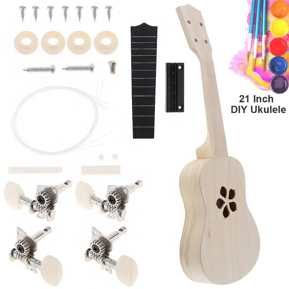 21 Inch Ukulele DIY Kit Basswood Soprano Hawaii Guitar with Sakura Sound Hole Handwork Painting for Parents-child Campaign