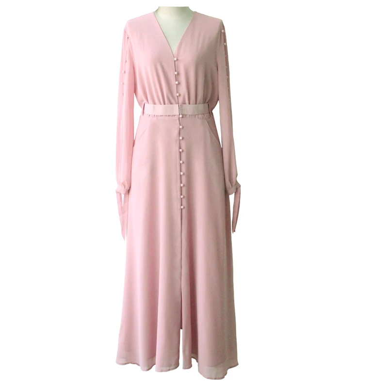 Дизайнерское платье для подиума, осень, женское сексуальное элегантное розовое однобортное Плиссированное длинное шифоновое платье с v-образным вырезом и длинным рукавом