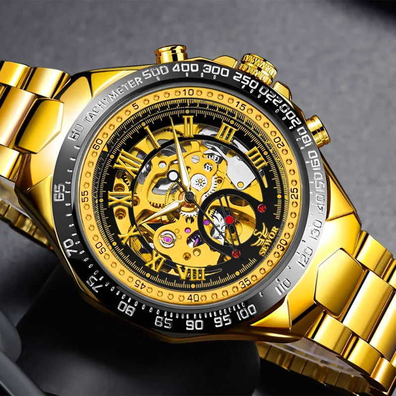 

SEWOR Skeleton Automatic Mechanical Watch Men Luxury Top Brand Stainless Steel Band Clock Male Wrist Watch Relogio Masculino