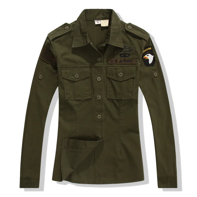 2020 Army Green Shirt Ladies Cotton Long Sleeve Badge Military Uniform Slim Blouses Plus Size 4XL 5XL Women Clothing sexy blouses for women