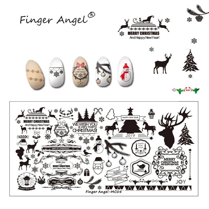 Finger Angel 1 шт. рождественские пластины для штамповки ногтей изображение штамп уникальный мультфильм Лось Снежинка 6*12 см DIY ногтей шаблон пластины