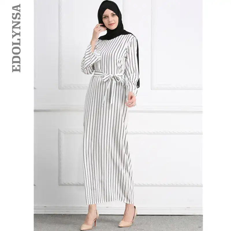 2020 Adult Hijab Abaya Fashion White Stripe Sashes Long Muslim Dress Islamic Clothing Women Turkish Robe Dubai Kaftan Oman D611 Aliexpress