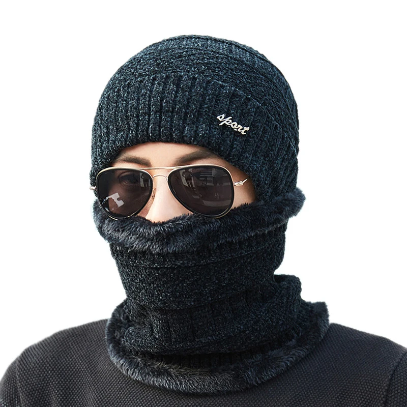 

Winter Hats For Men Beanies Neck Warmer Knit Hat Skullies Cap Scarf Sets Add Chenille Collars knitted Hat Fashion Windproof